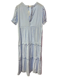 Shewin - Women's Stripe Bubble Sleeve Scallop Tiered Dress