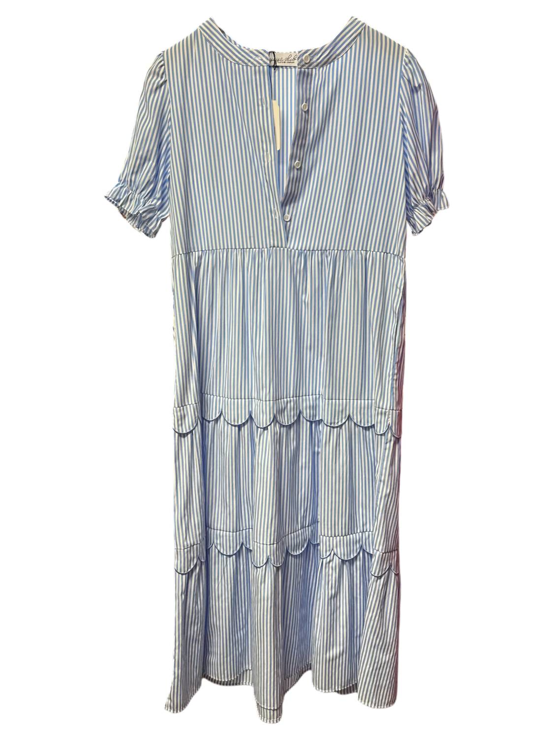 Shewin - Women's Stripe Bubble Sleeve Scallop Tiered Dress