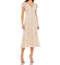 Mac Duggal - Women's Embroidered V Neck Cap Sleeve Midi Dress