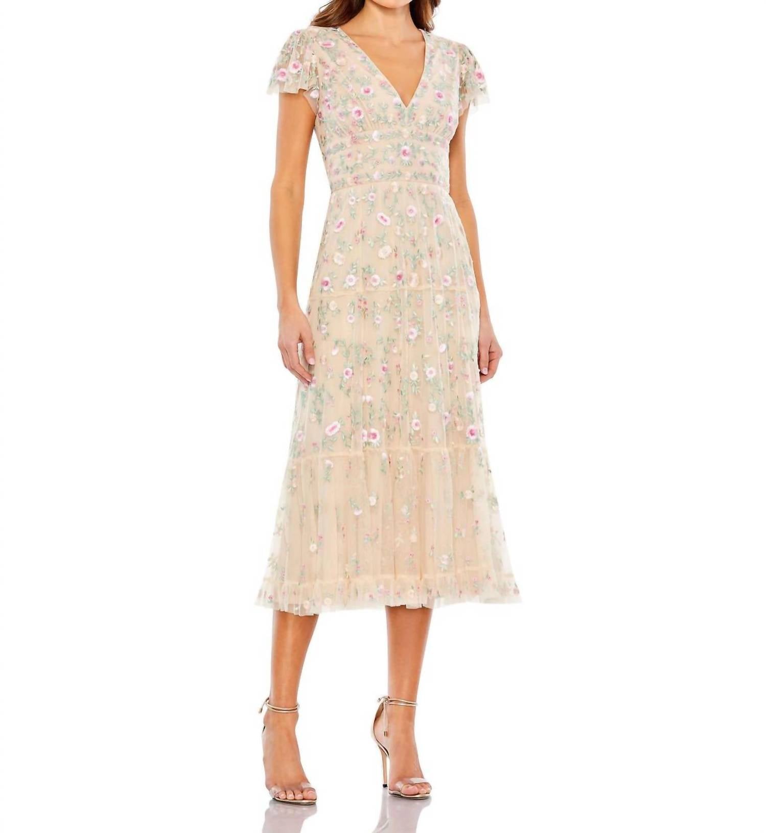 Mac Duggal - Women's Embroidered V Neck Cap Sleeve Midi Dress