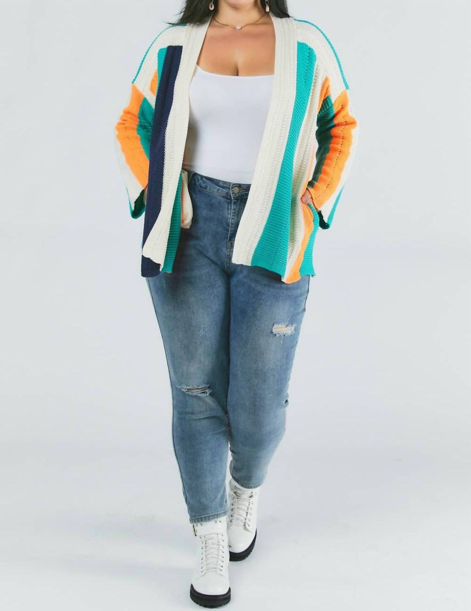 DAVI & DANI Color Block Long Sleeve Cardigan - Plus in multi - women's cardigan - view 8