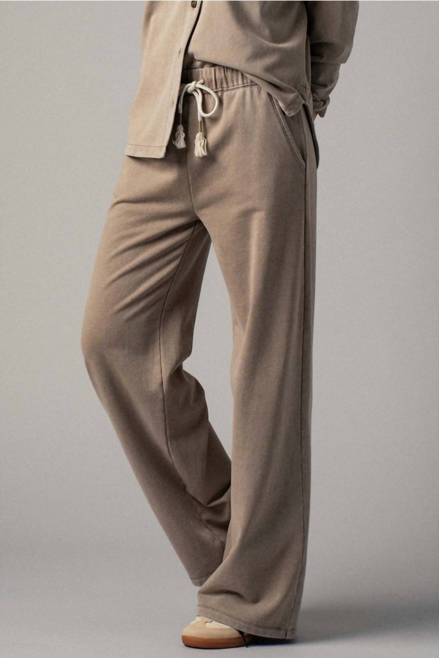 Urban Daizy Drawstring French Terry Pants in mocha - women's pants - detail view