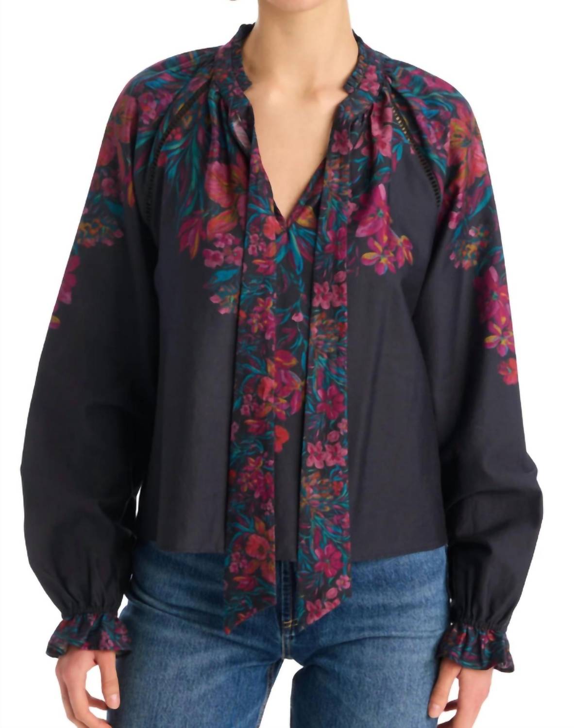 ALLISON NEW YORK Marlow Split V-neck Blouse in painterly floral - women's blouse