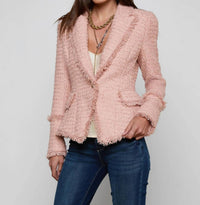 L'Agence Kaisley Tweed Blazer in dusty pink - women's jacket - detail view