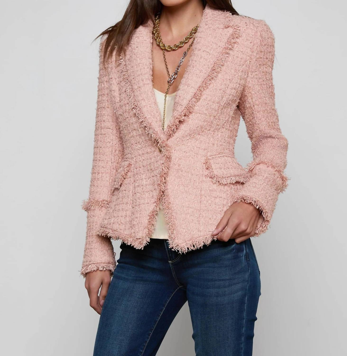 L'Agence Kaisley Tweed Blazer in dusty pink - women's jacket - detail view