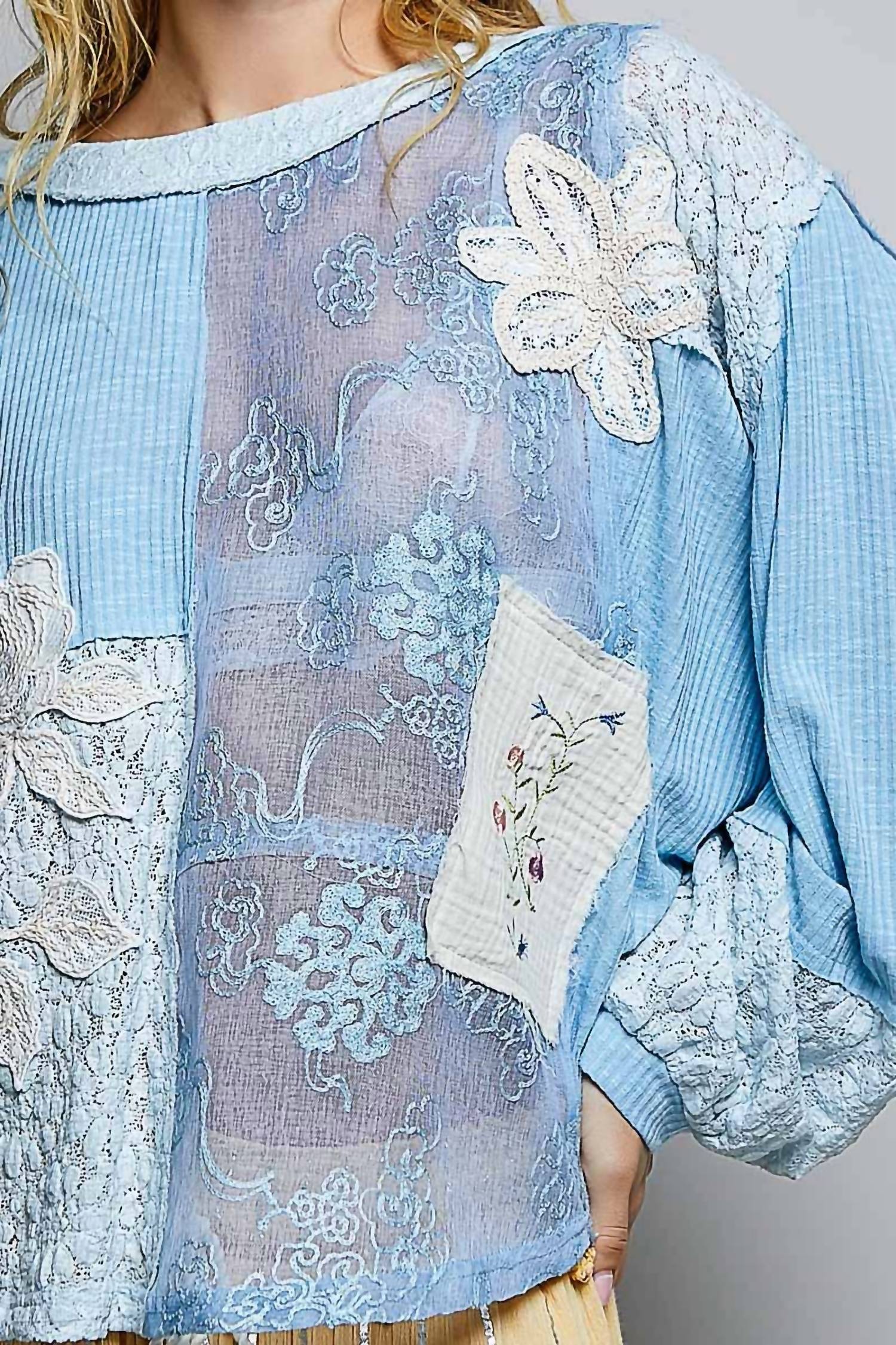 POL Crochet Embroidered Patch Lace Top in powder blue - women's blouse - view 6