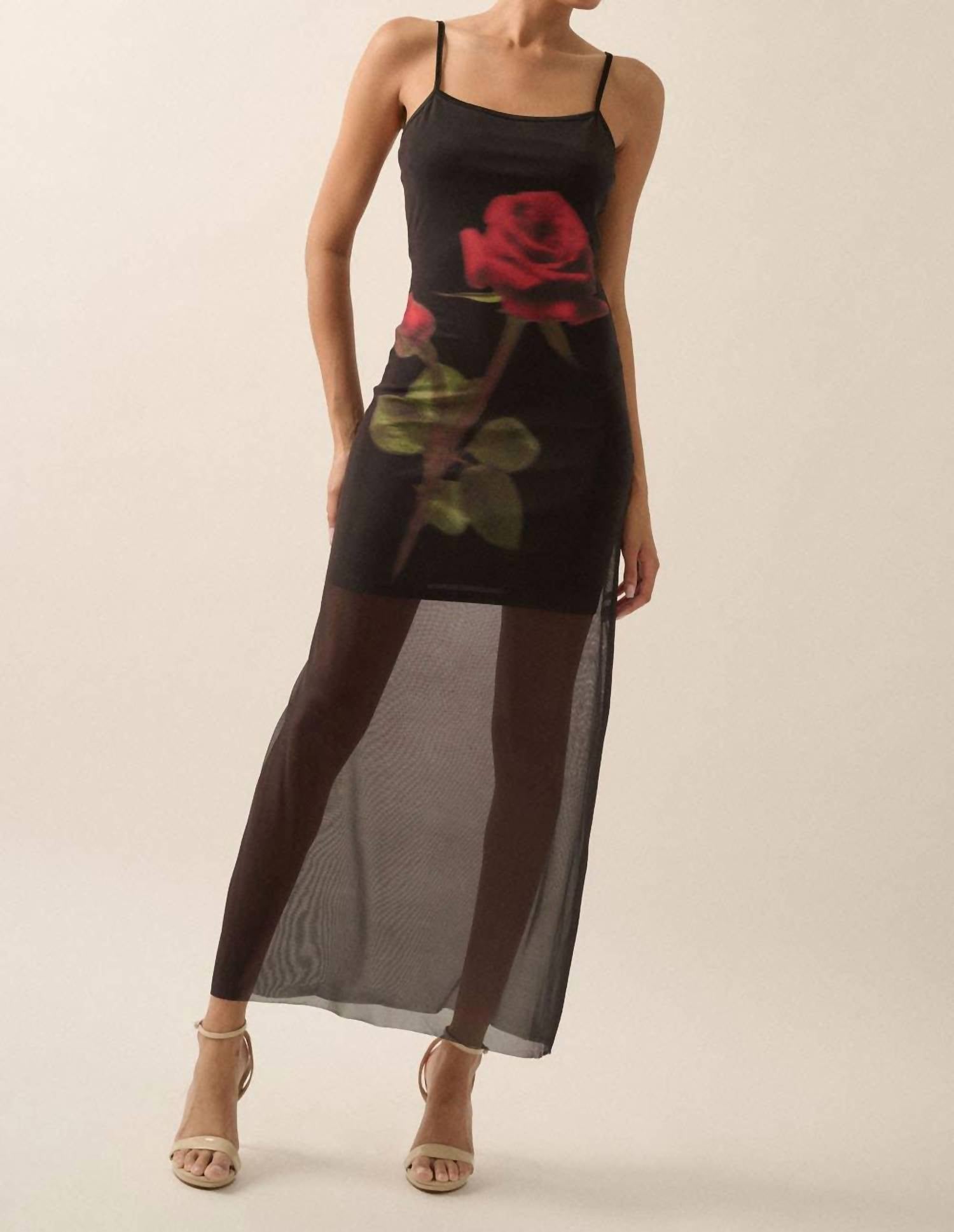 Promesa - Rose-print Layered Mesh Maxi Slip Dress