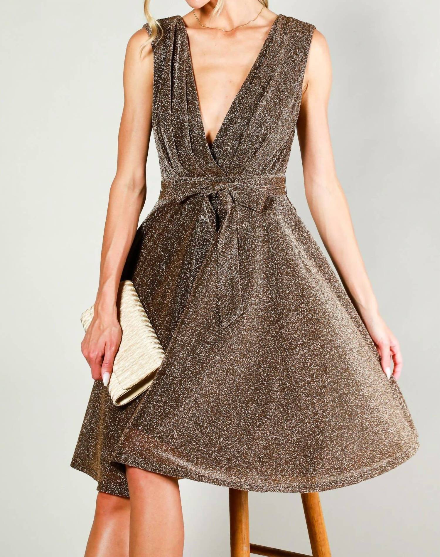 Vine & Love Surplice V-neck Sleeveless Tie Waist Dress in bronze - women's dress - alternate view