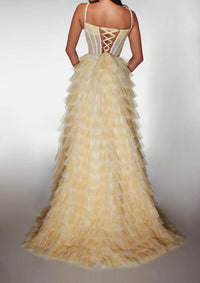 Alyce Paris - Long Plunging Neckline Ruffled A-line Gown