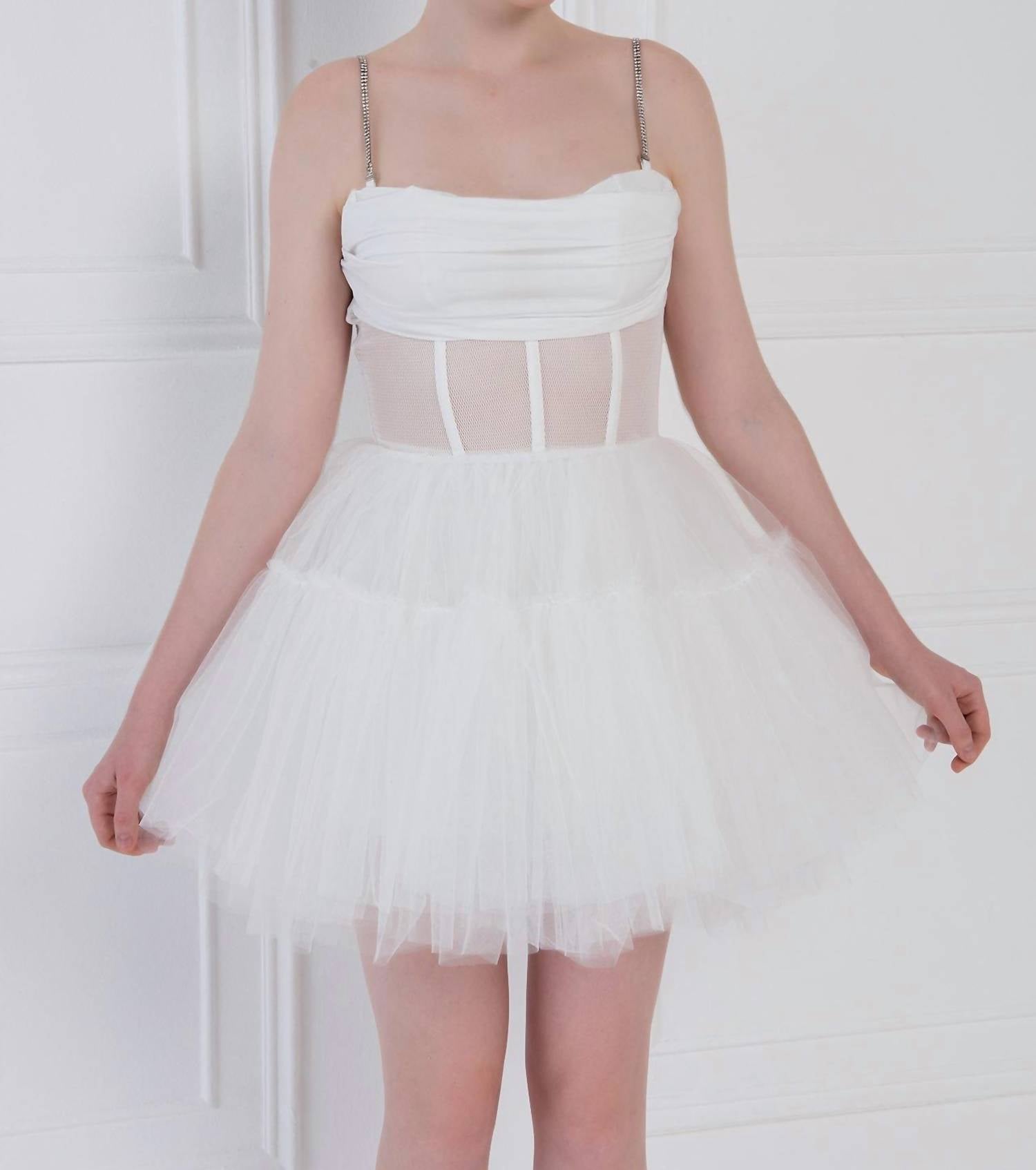 Kikiriki Cora Boned Fishnet Bustier Tulle Mini Dress in white - women's dress