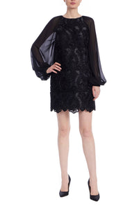 Badgley Mischka - Women's Georgette Sleeves Ribbon Detailing Mini Dress