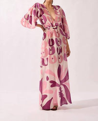 Adriana Degreas - Bold Floral Deep V Neck Puff Sleeve Maxi Dress