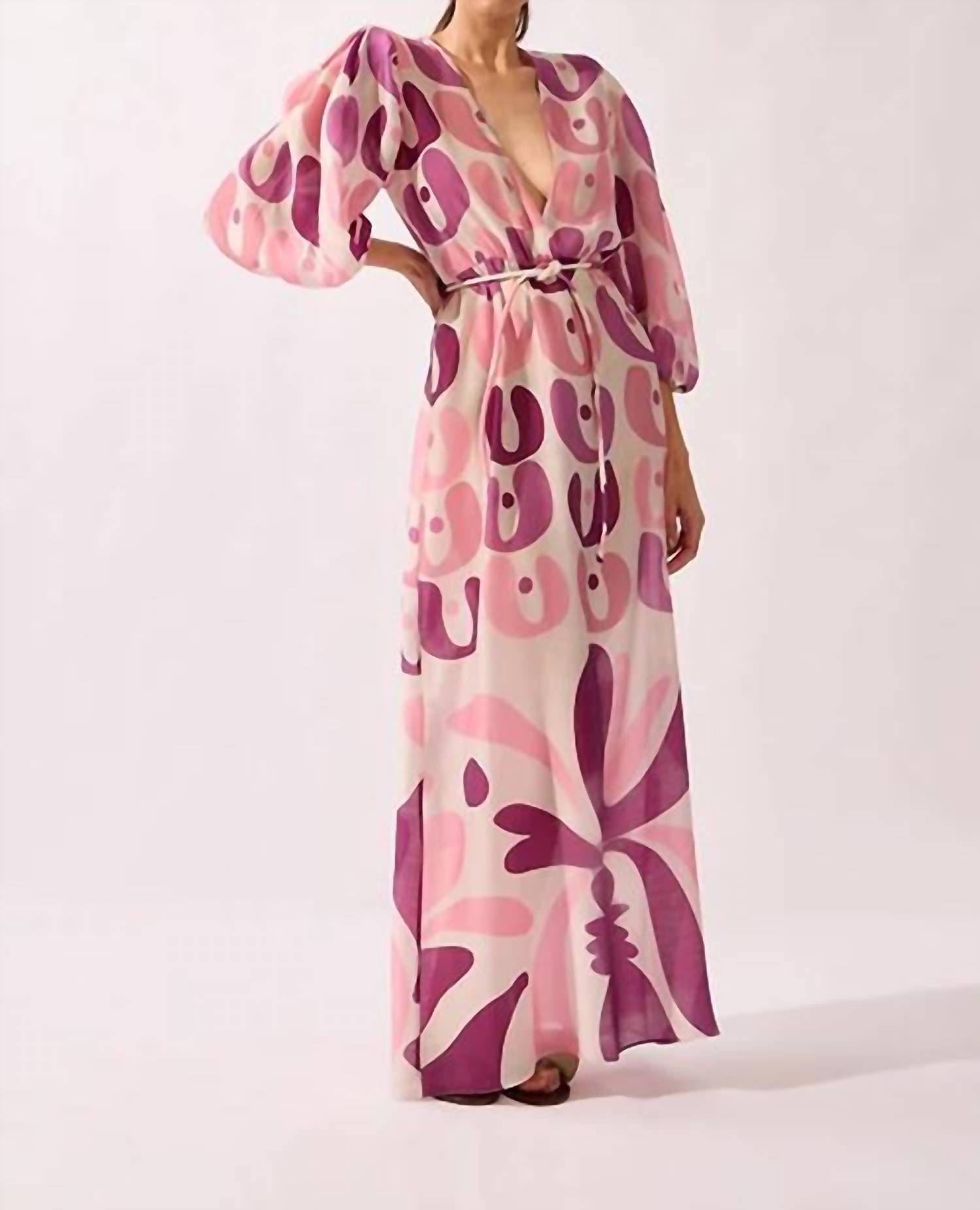 Adriana Degreas - Bold Floral Deep V Neck Puff Sleeve Maxi Dress