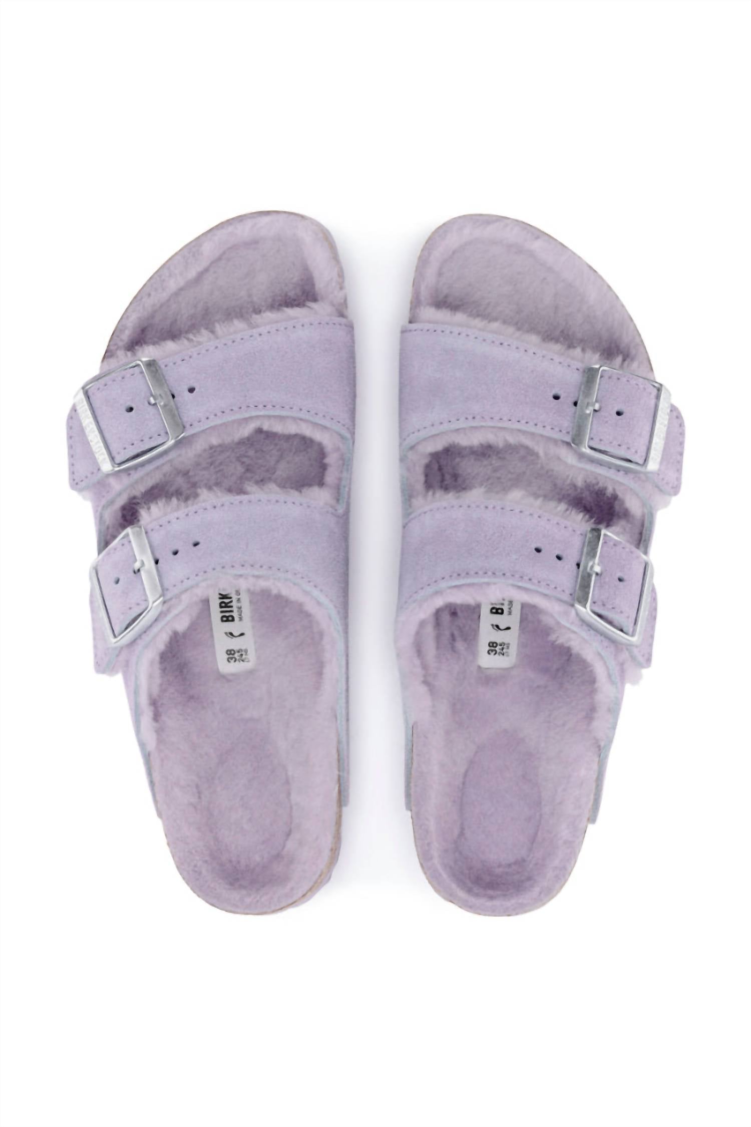 BIRKENSTOCK Women's Arizona Shearling Suede Narrow Sandals in purple fog - women's sandal - detail view