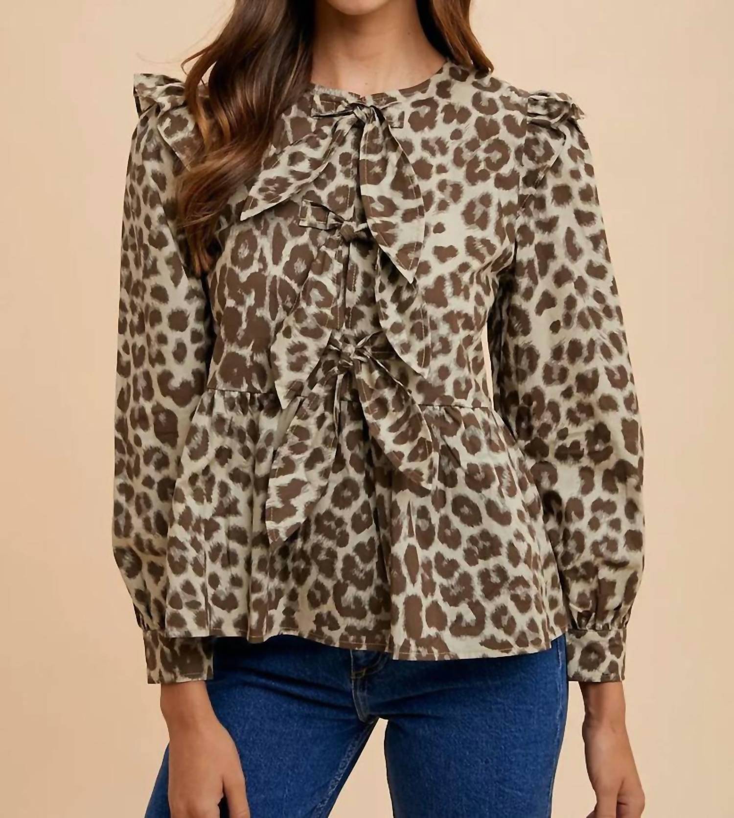 Anniewear - Becca Tied Leopard Peplum Blouse
