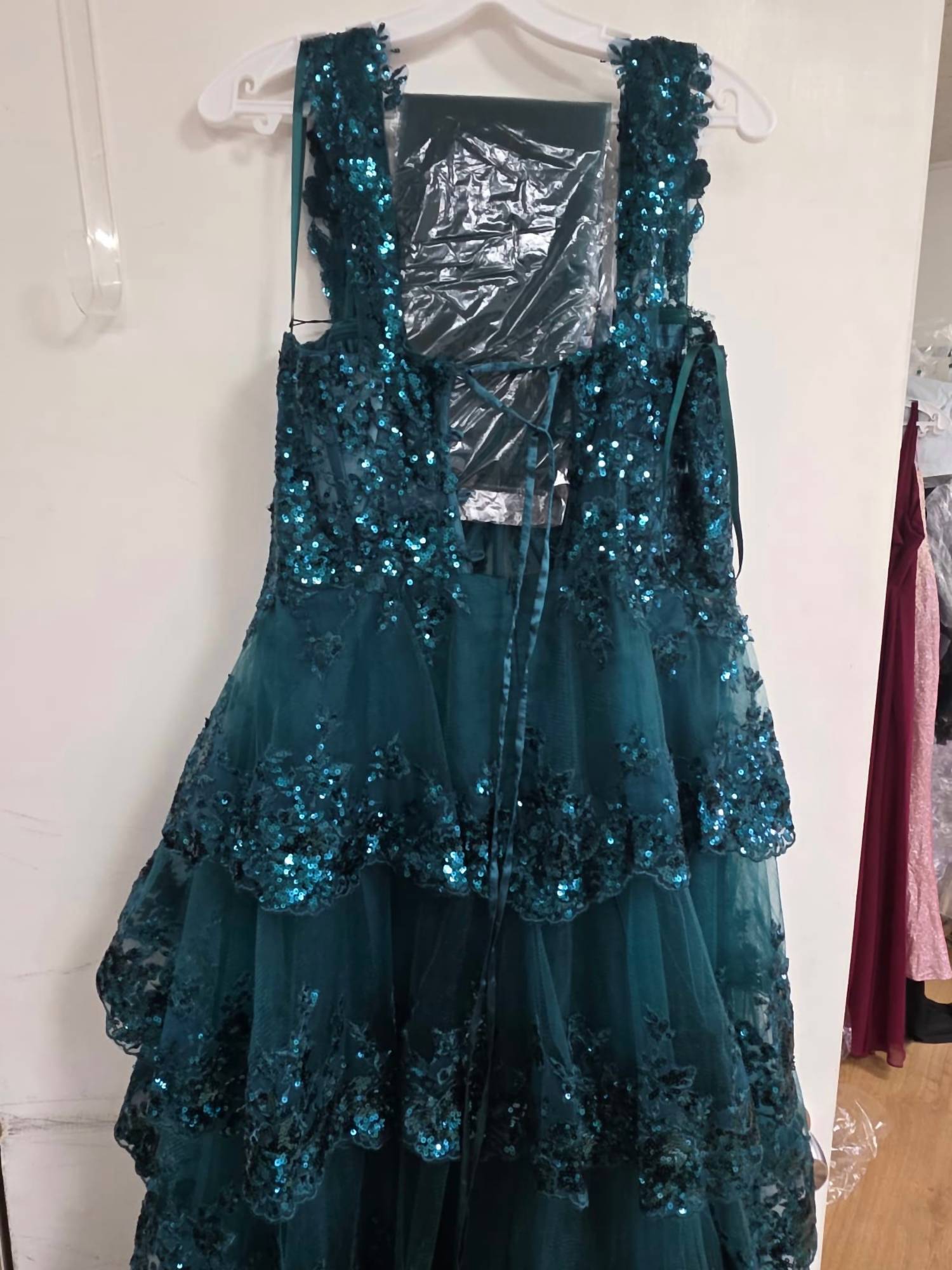 Adora Design - Tiered A-line Sequin Applique Formal Prom Gown