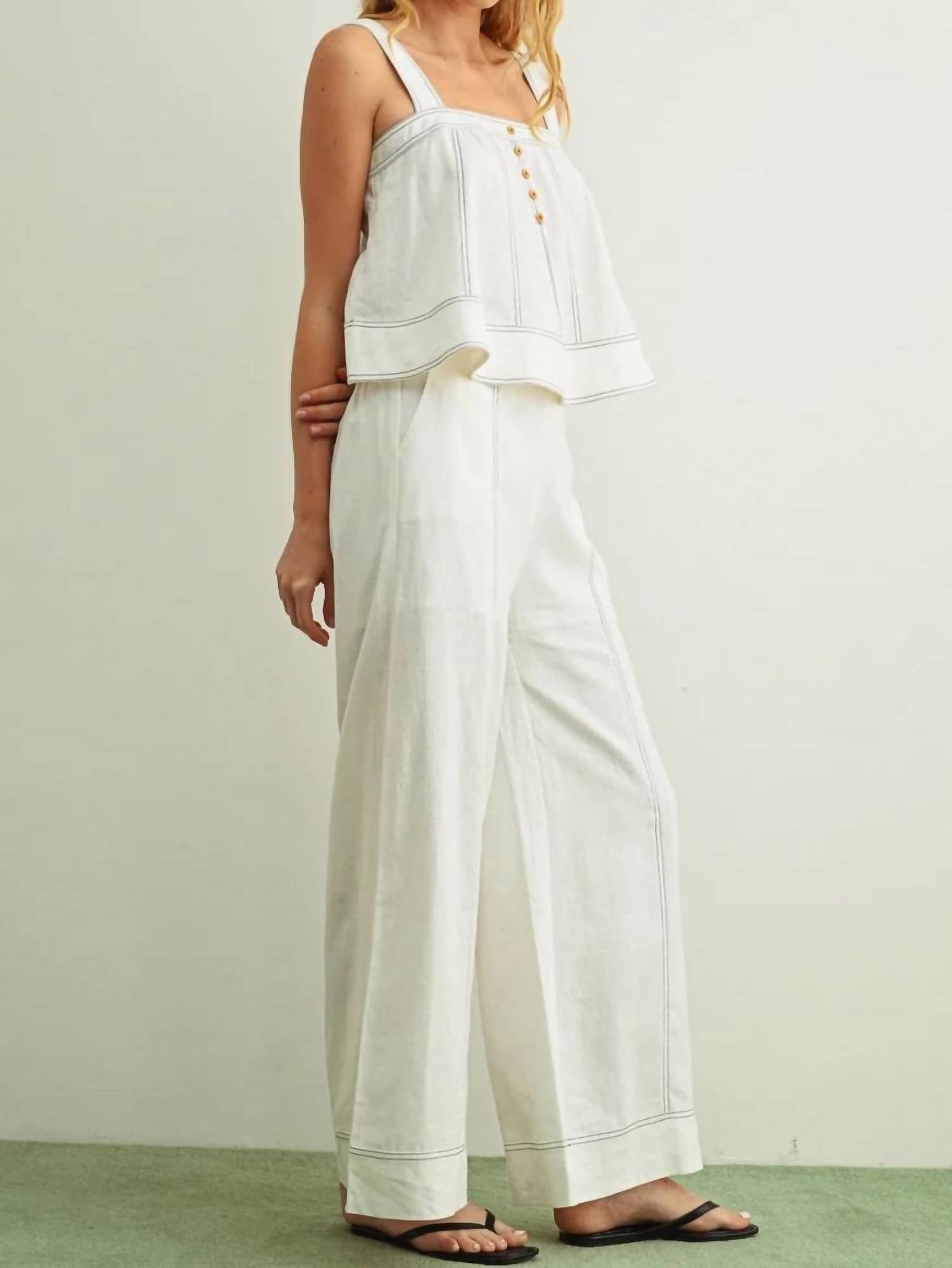 Miou Muse - STITCHED DETAIL WIDE LEG LINEN PANT