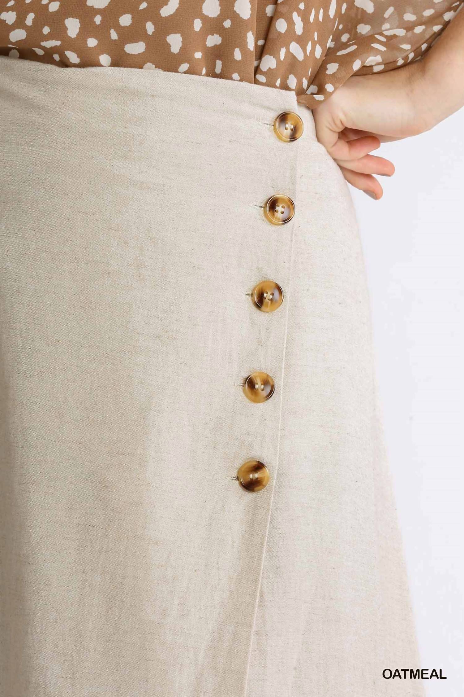 Umgee - Linen Blend Midi Wrap Skirt with Buttons