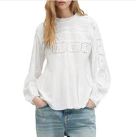 AllSaints Women's Elaia Embroidered Lace Trim Top in white - women's blouse - detail view
