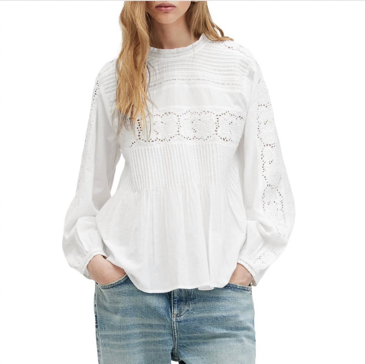 AllSaints Women's Elaia Embroidered Lace Trim Top in white - women's blouse - detail view