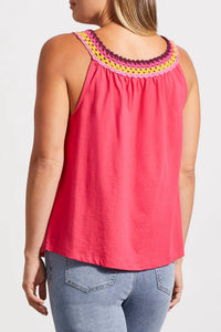 TRIBAL Flowy Tank Top With Crochet Neckline in fruit punch - women's tank top - detail view