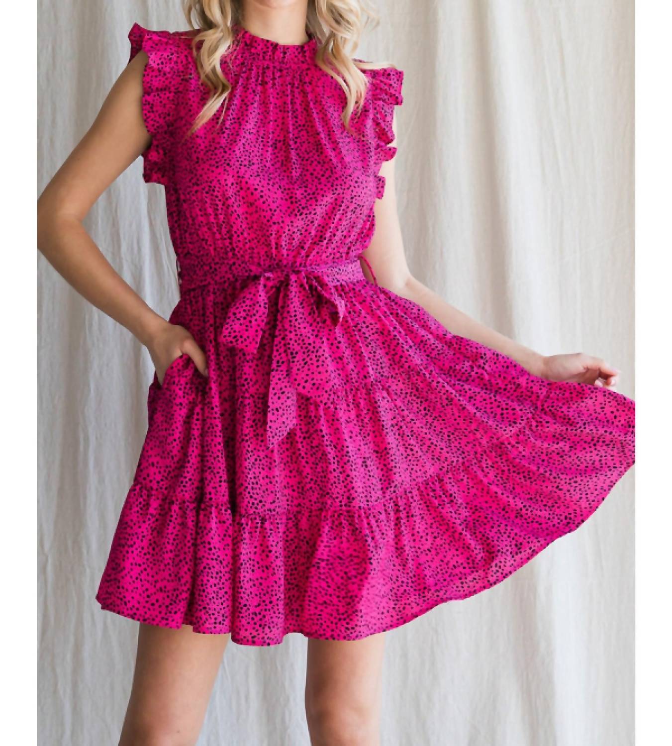 Jodifl - Frilled Neck Ruffle Sleeve Dress With Pockets