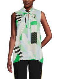 KARL LAGERFELD Textured Geometric Pattern Technical Tie-neck Sleeveless Blouse in soft white multi - women's tank top