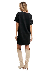 Bluivy - Elle Rhinestone Embellished Suede Shift Mini Dress