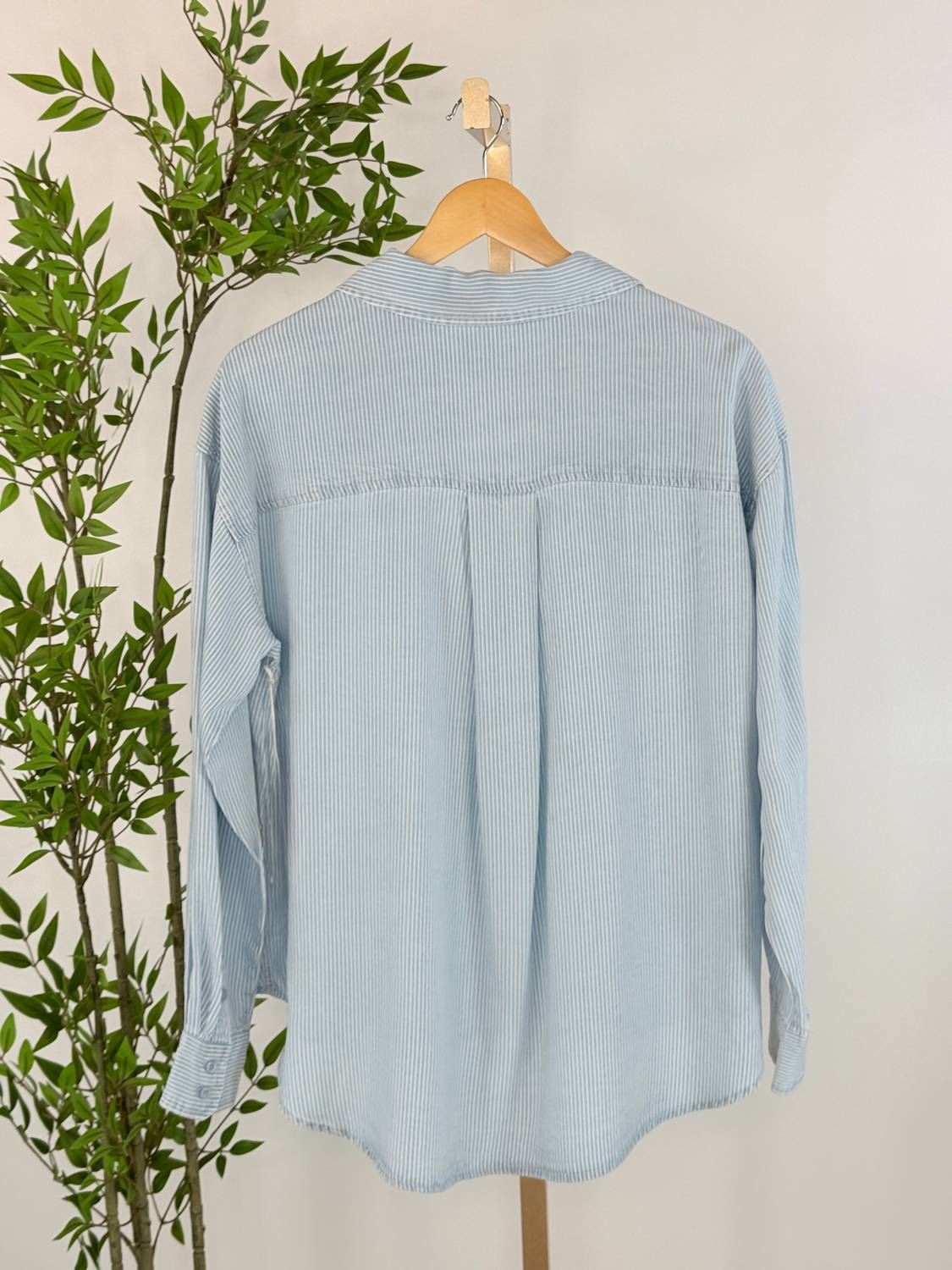 Dex Clothing Button Up Top Shirt in coastal blue stripe - women's shirt - alternate view