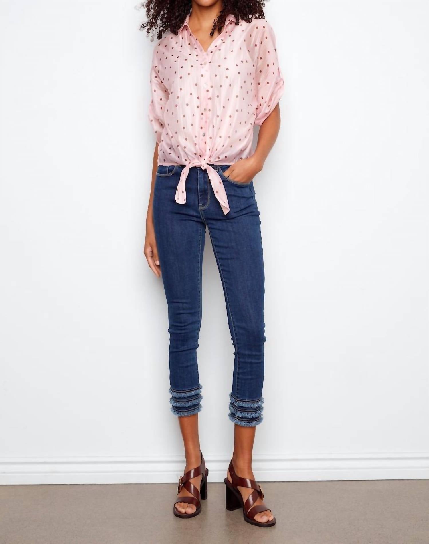 Charlie B - Printed Roll Up Dolman Sleeve Tie Front Blouse