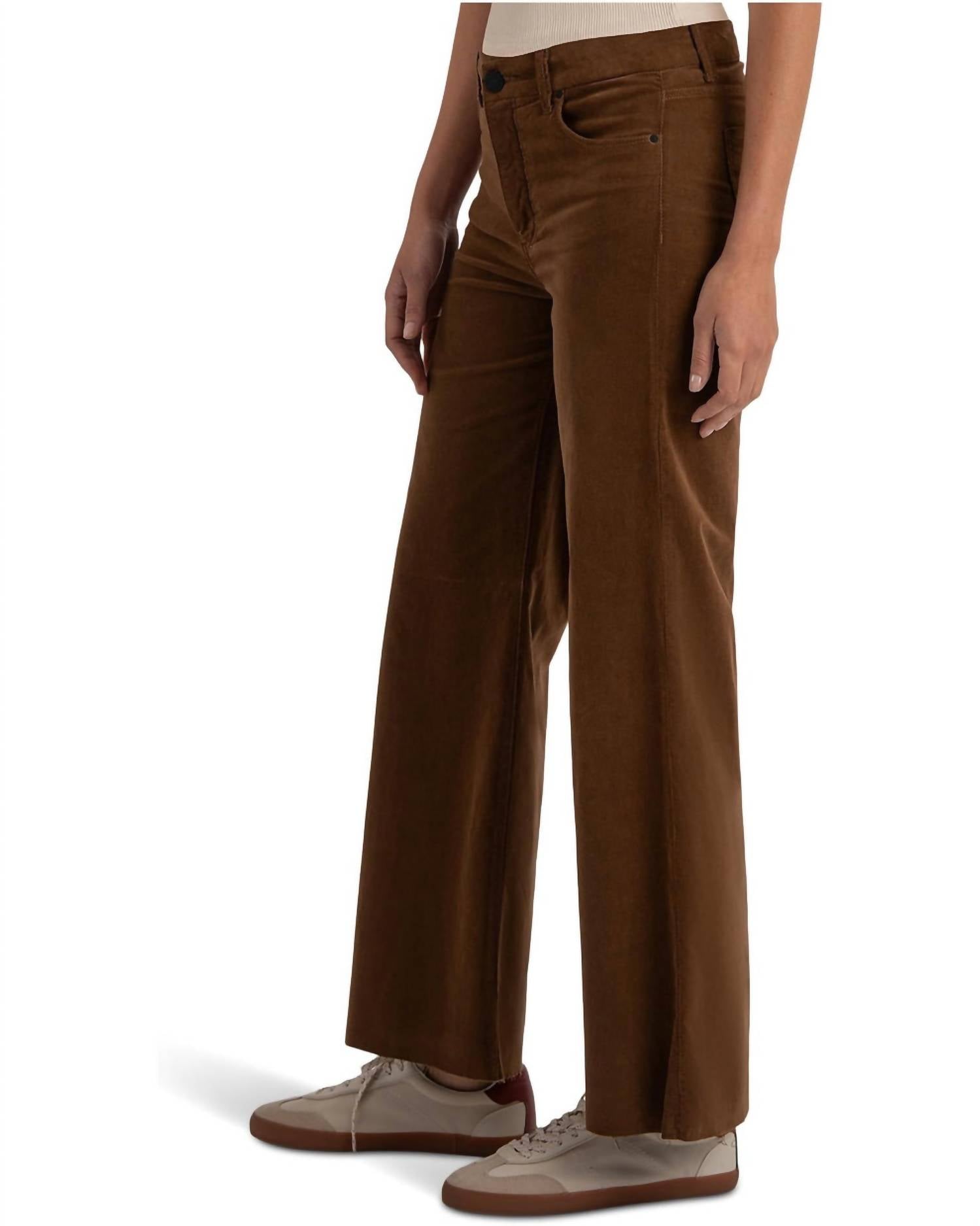 KUT FROM THE KLOTH Meg High Rise Velvet Wide Leg Pant in cognac - women's pants - detail view