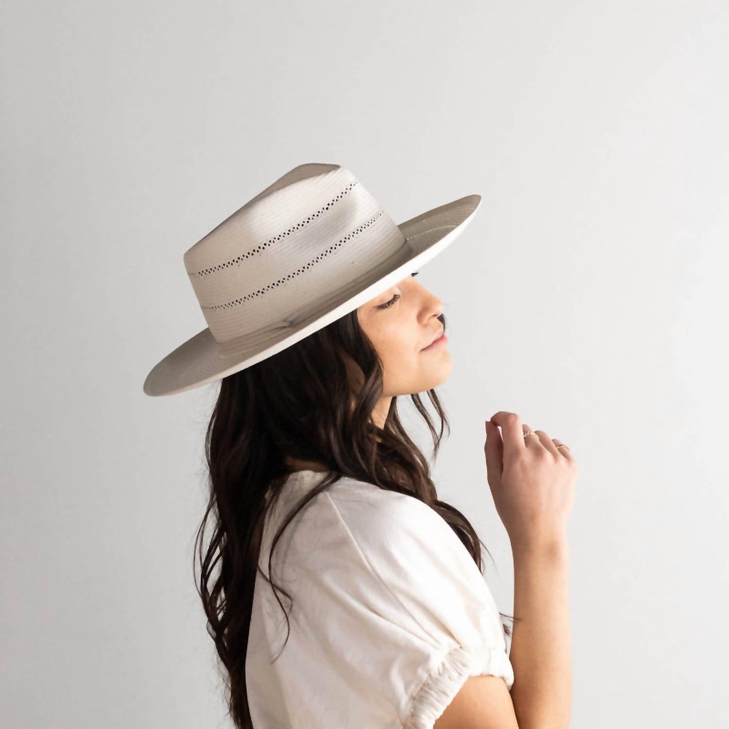 Gigi Pip Women's Arlo Straw Teardrop Fedora Blemished Hat in cream band - women's hat - alternate view