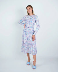 John Abgin - Mesh Floral Ruched Midi Dress