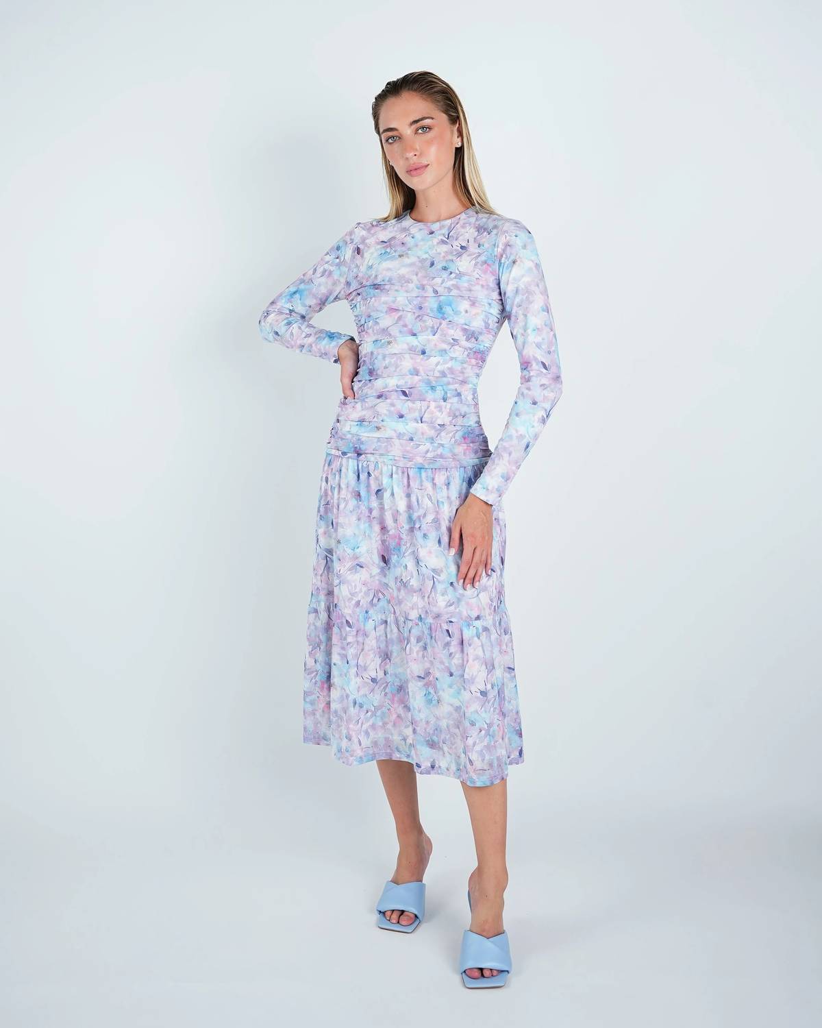 John Abgin - Mesh Floral Ruched Midi Dress