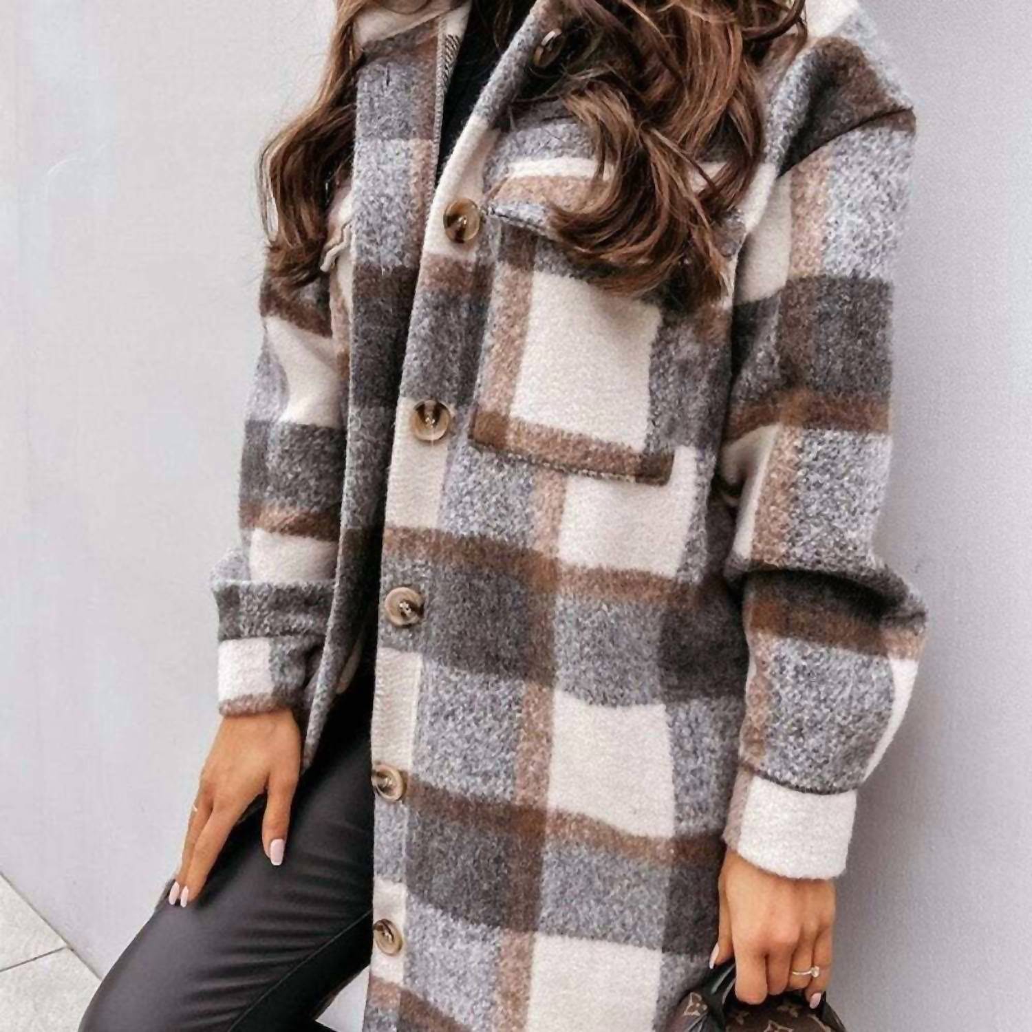 Unishe - Plaid Button Design Long Sleeve Shacket