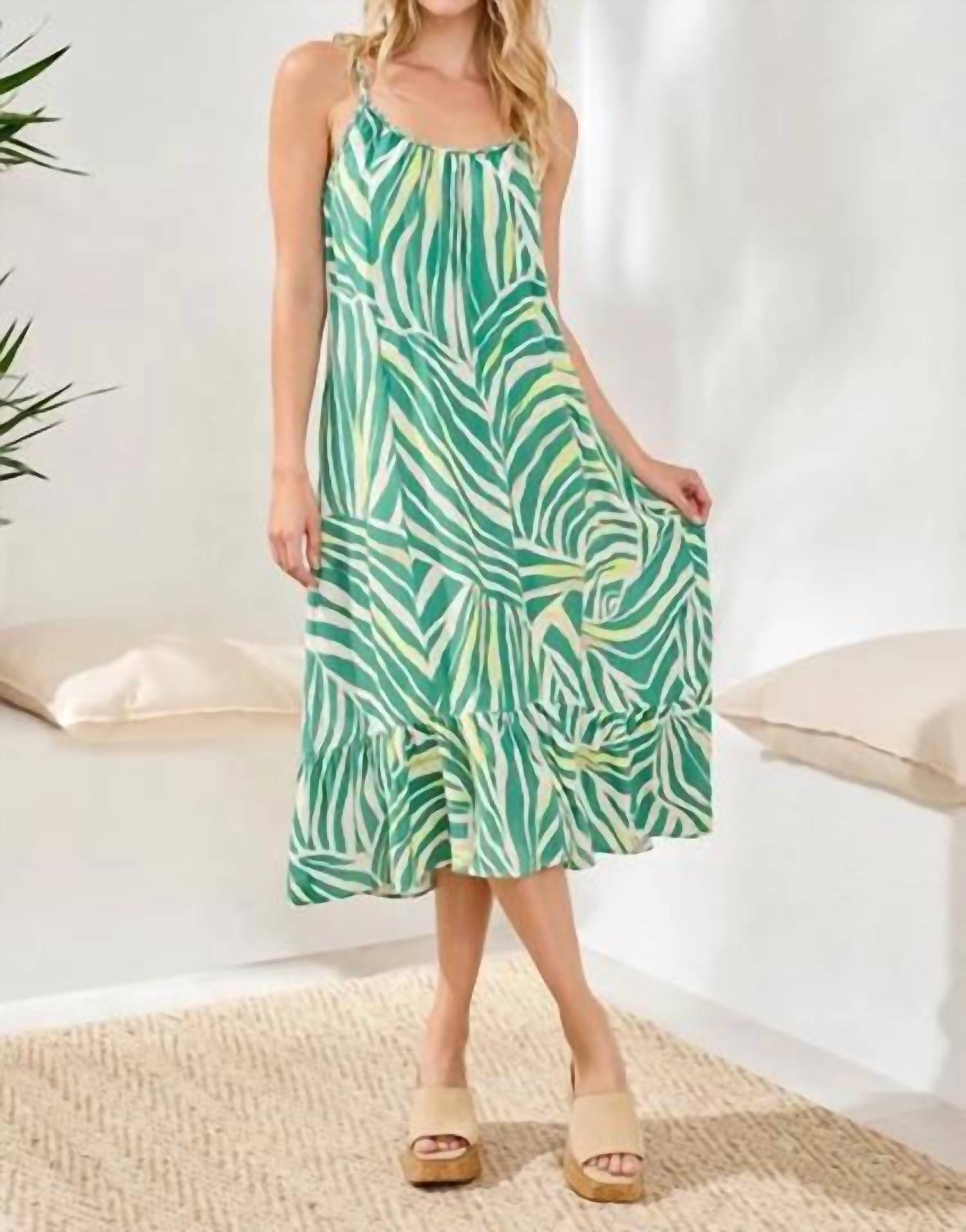 Tribal - Braided Straps Flounce-hem Midi Dress