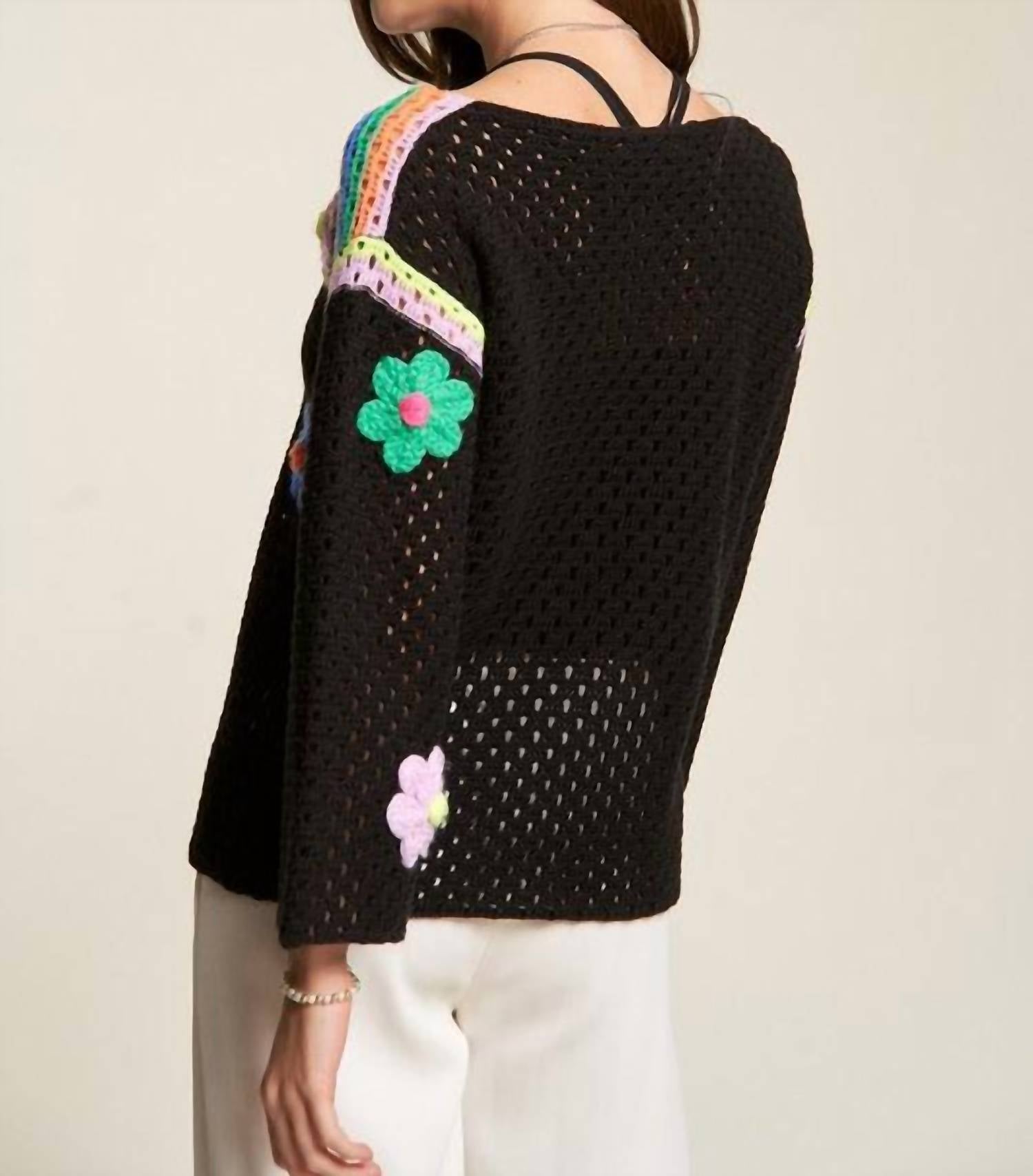 DAVI & DANI Crochet Flower Patched Sweater in black - women's sweater - alternate view