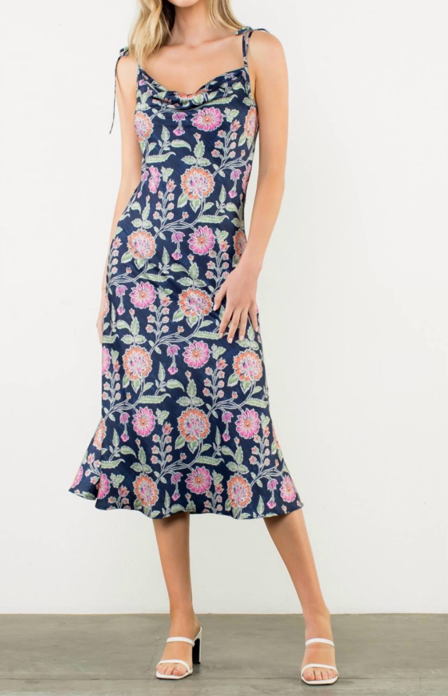 THML Women's Tie Strap Cowl Neck Floral Midi Dress in blue multi - women's dress