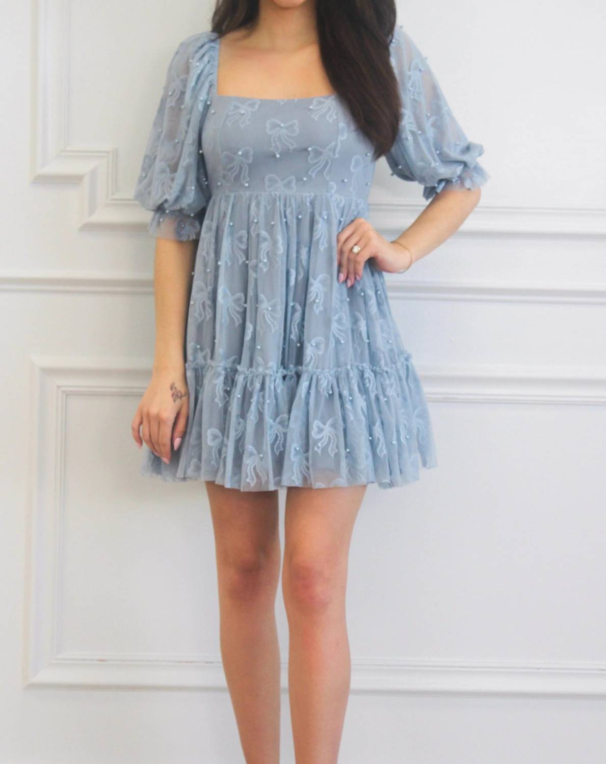 Mable - Porsha Square Neck Bow Pearl Babydoll Dress