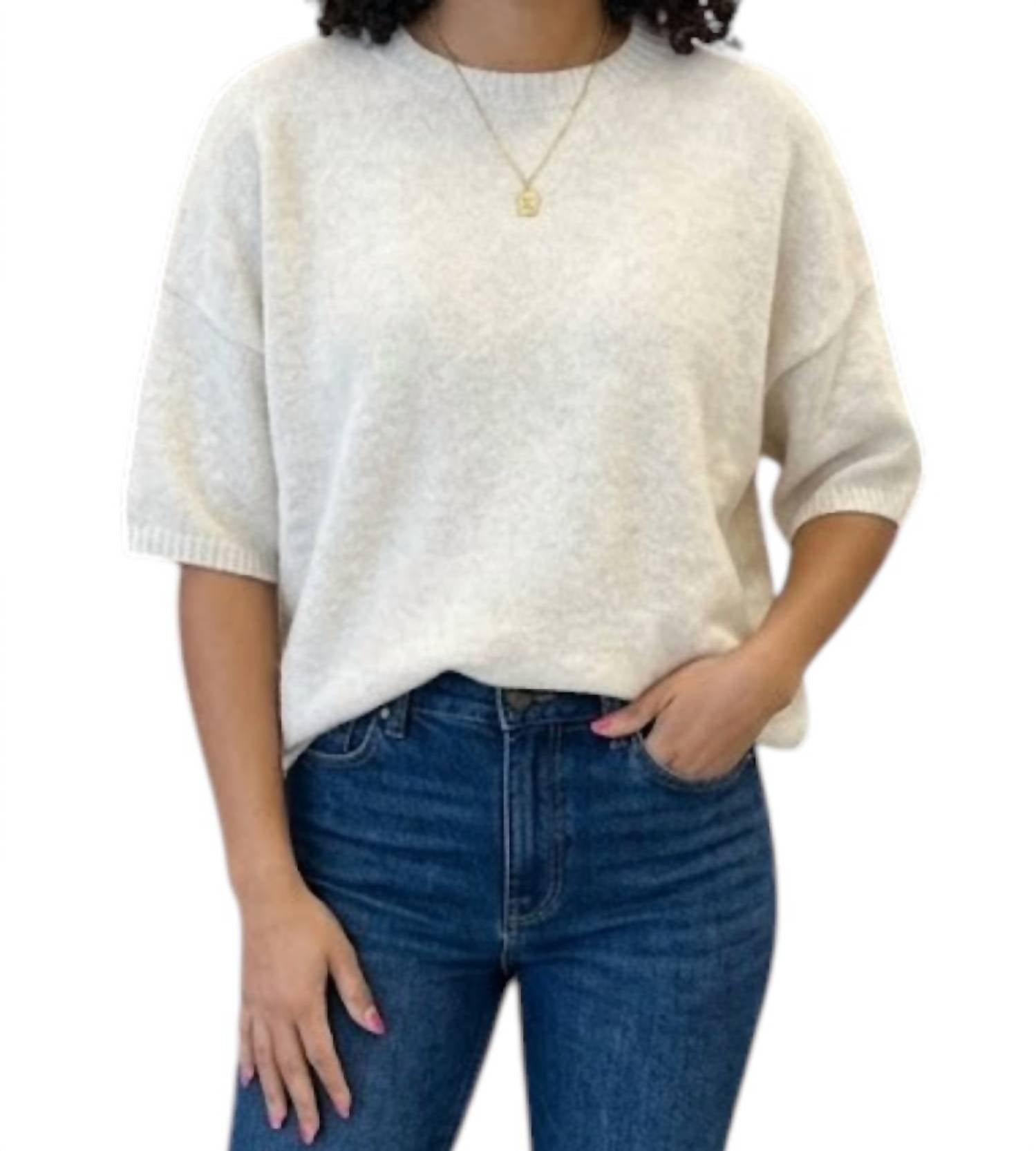 LE LIS Short Sleeve Crew Neck Boxy Sweater Top in cream - women's t-shirt