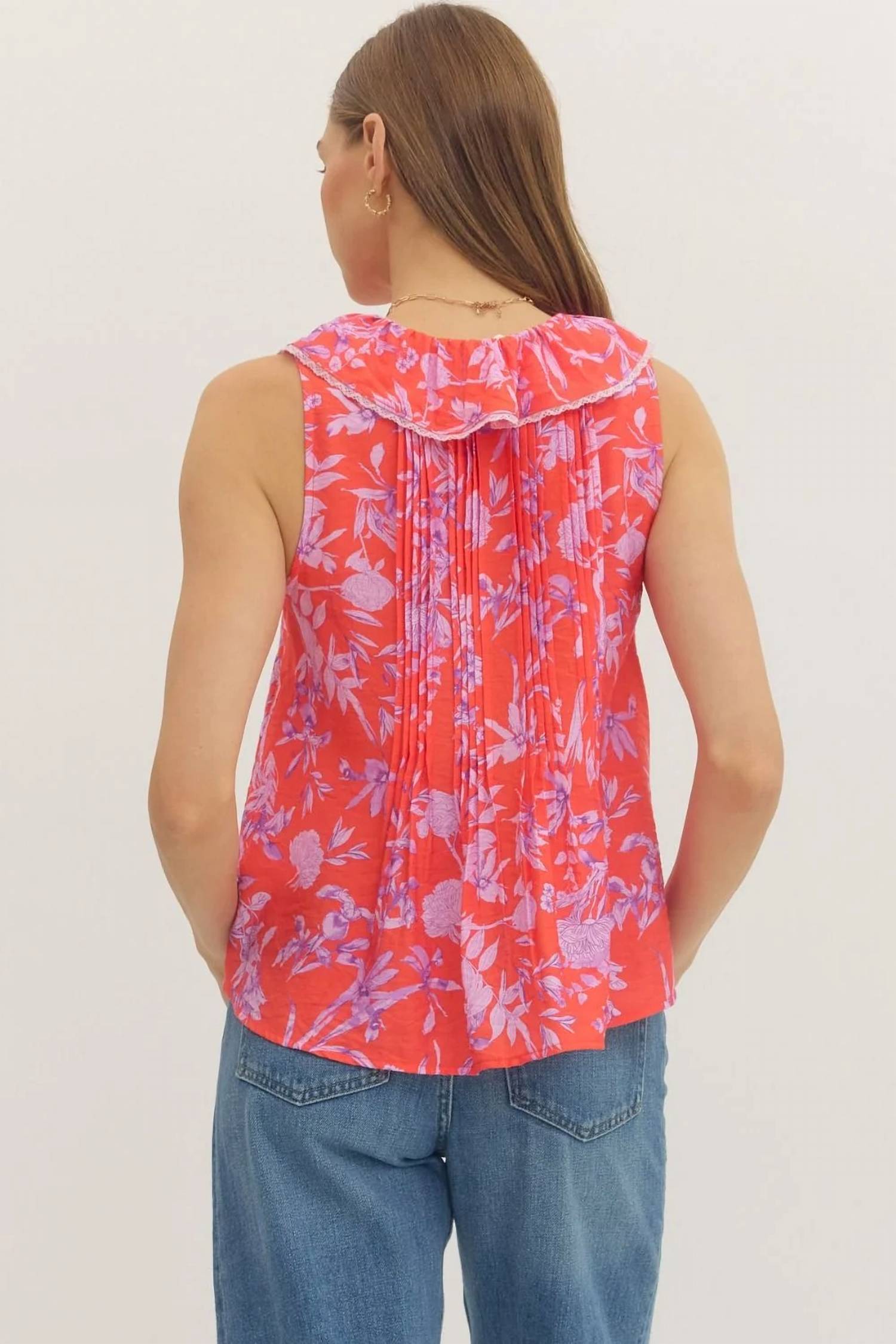 Entro - Botanical Ruffle V Neck Top