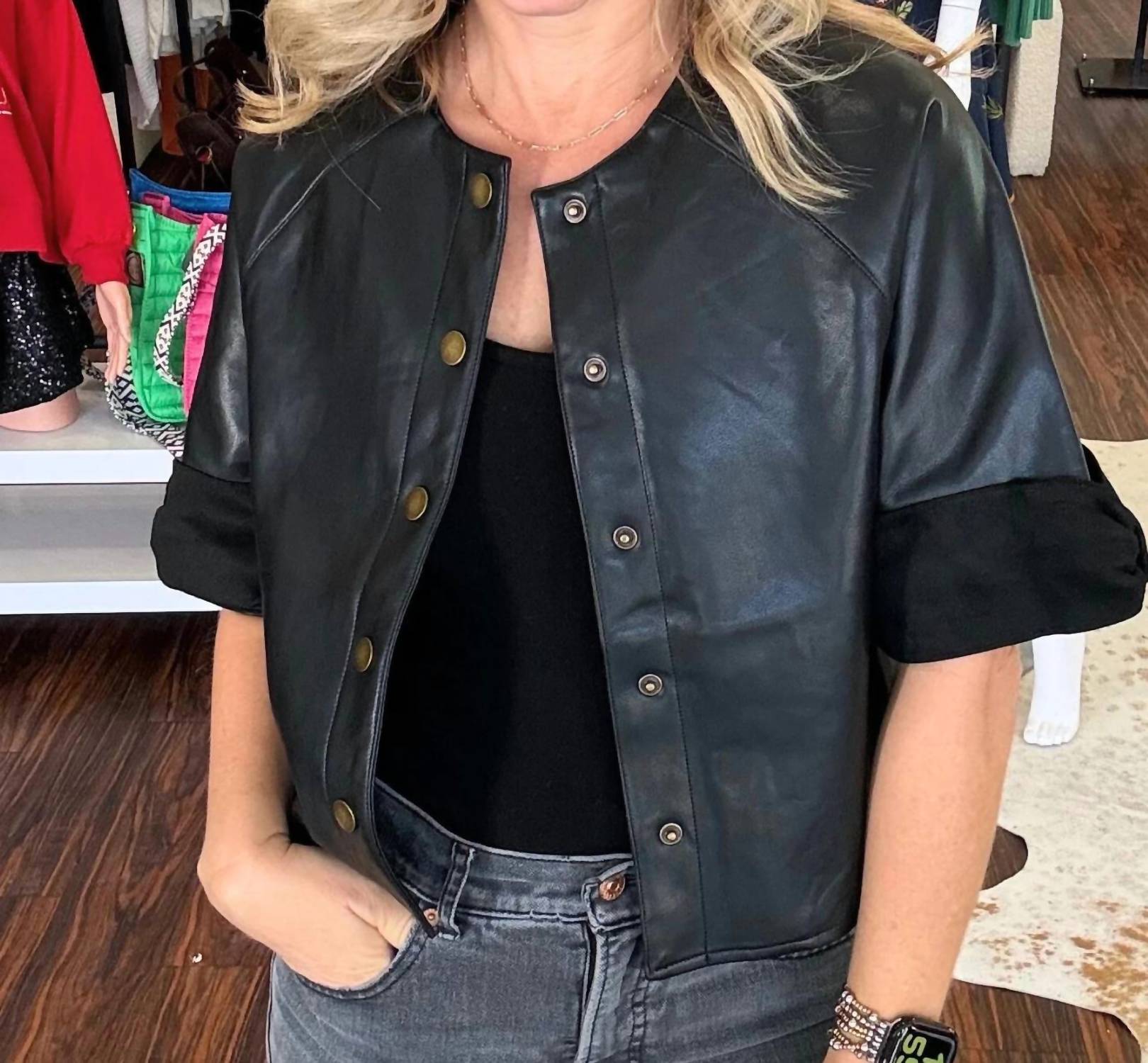 Miou Muse - Suede Trim Short Sleeve Faux Leather Jacket