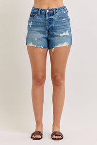 Judy Blue High Waist Rigid Magic Button Fly Cut Off Denim Short in blue - women's shorts