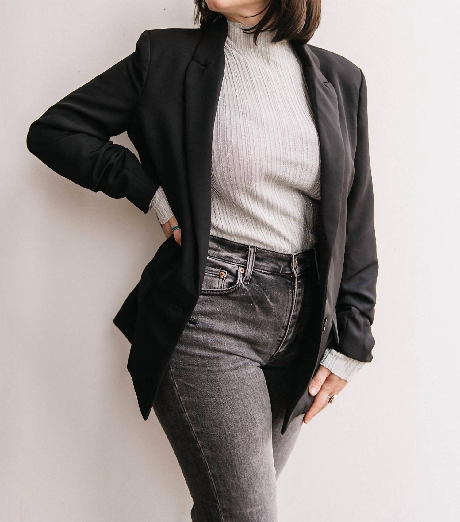 BLACK TAPE Ruched Sleeve Blazer in black - women's jacket