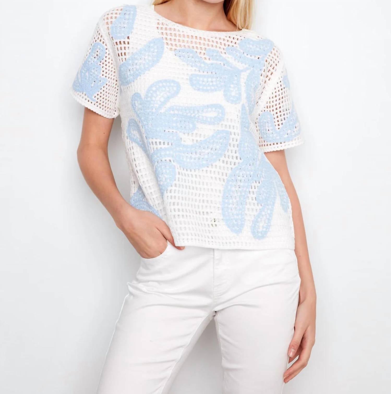 Charlie B - Short Sleeve Crochet Sweater With Leaves Pattern