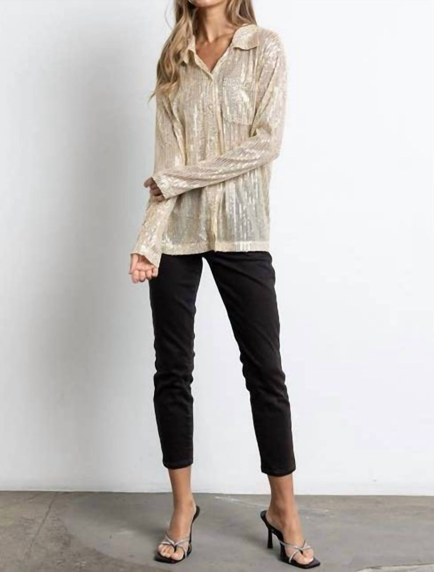 Kiwi Sequined Button Down Long Sleeve Mesh Blouse Shirt in gold - women's blouse
