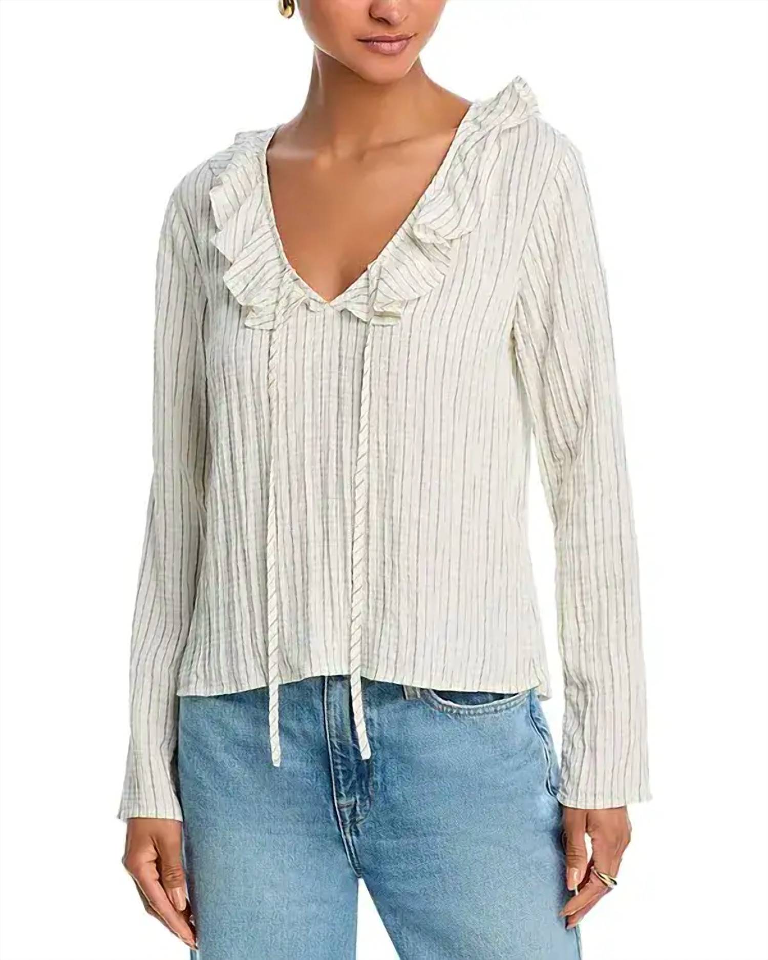 Bella Dahl Tie Ruffle Neck Top in ecru black pinstripe - women's long sleeve top