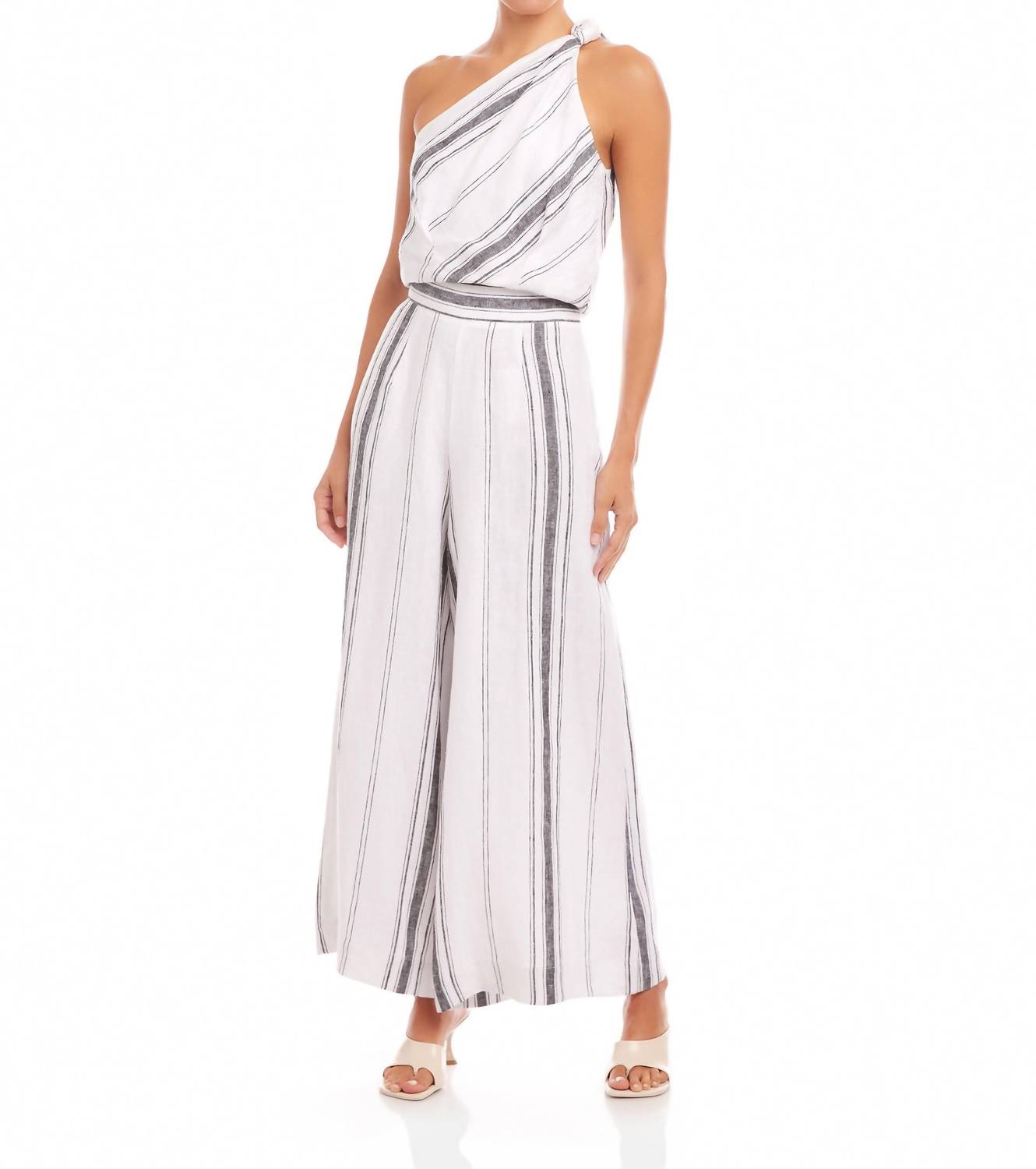 Fifteen Twenty VANITA BEACH STRIPE LINEN ONE SHOULDER TOP in white - women's blouse - view 4