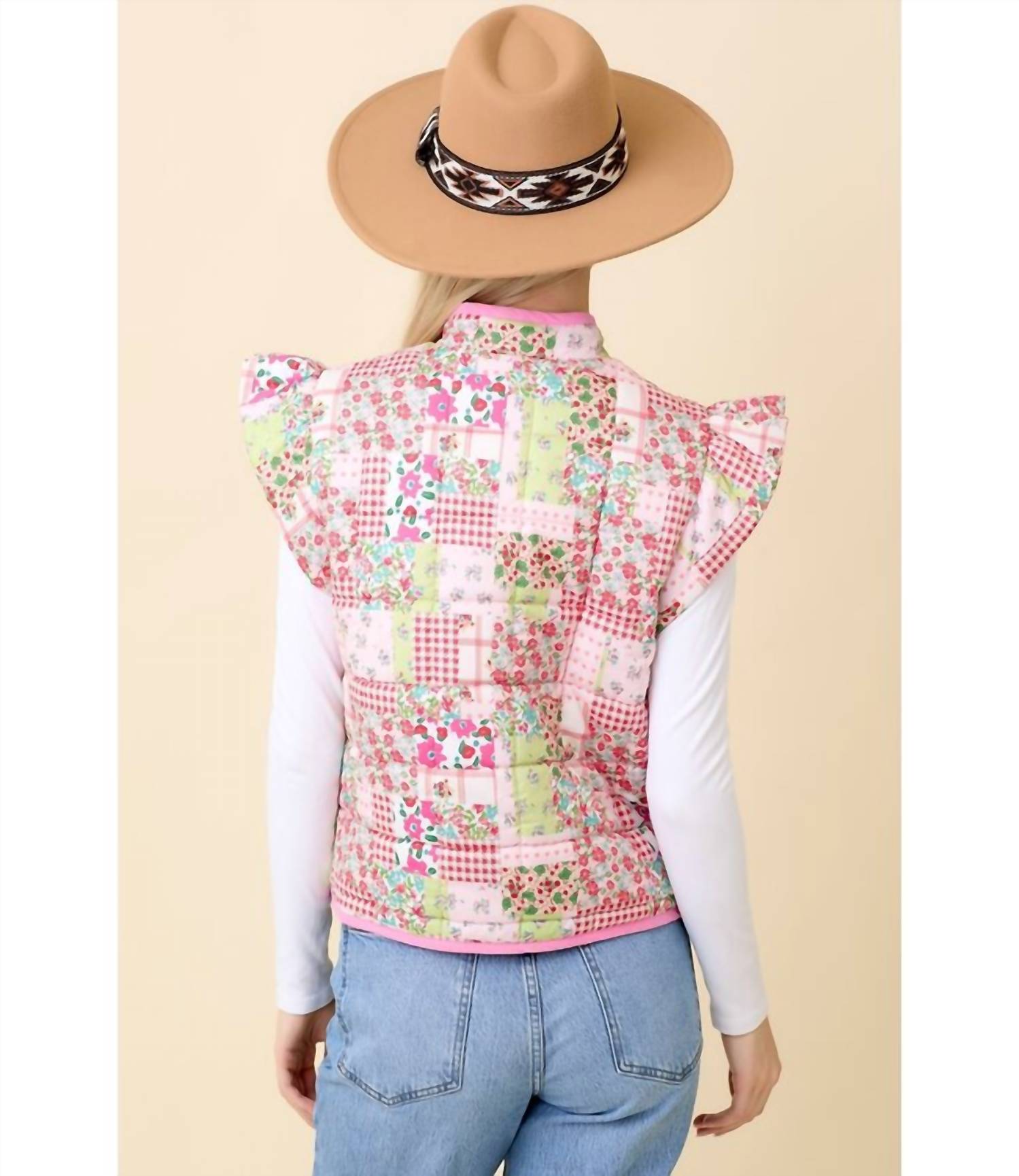 Main Strip Patchwork Floral Printed Vest in pink - women's jacket - detail view