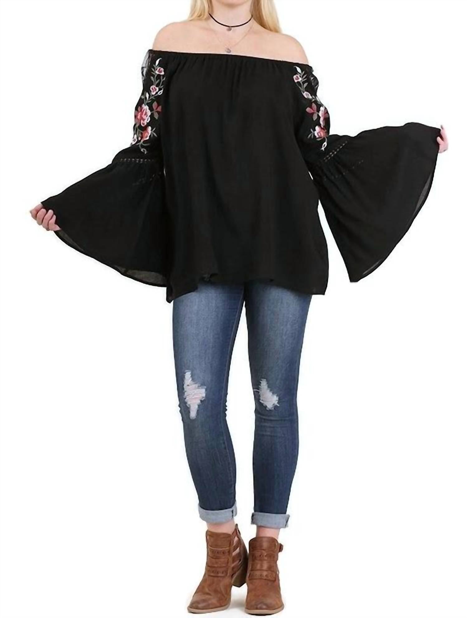 Umgee - Floral Embroidered Bell Sleeve Top
